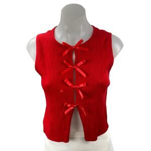 Le Lis Red Sleeveless Ribbed Knit Bow Ribbon Knit Cami Tank Blouse Crop Top M